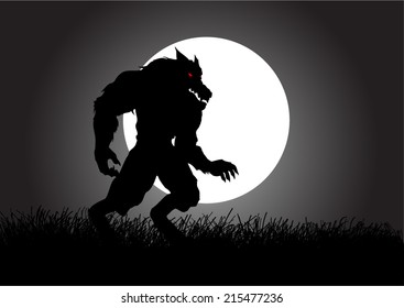 Stock vector of a werewolf lurking in the dark during full moon