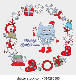 stock vector winter background with cartoon cat and, tree and gift. card, brochure, poster template