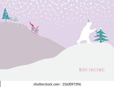 Stock vector winter illustration with template for merry Christmas and happy new year cards, greetings, banners or posters. Elves ride downhill on a sled and polar bear decorates a Christmas tree. Win