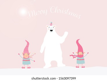 Stock vector winter illustration with template for merry Christmas and happy new year cards, greetings, banners or posters. Elves and polar bear waving their hands welcoming.