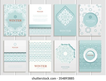 stock vector winter set of brochures in vintage style design templates frames and backgrounds. Use for printed materials, signs, elements, web sites, cards, cover, corporate identity