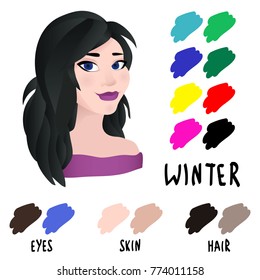 Stock vector winter type of female appearance. Face of young woman. Seasonal color analysis palette