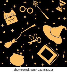 Stock vector wizard symbols as a magic fantasy pattern with broom, hat, eyeglasses, magic wand and cauldron on black background.