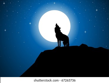 Stock vector of a wolf howling at the full moon