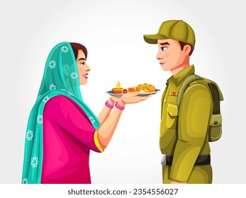 Stock vector of woman tying Rakhi to Soldier brother on the occasion of Indian Festival Raksha bandhan or Bhai dooj.