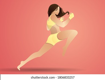 stock vector of women jump while lift the knee. kickboxing concept in beautiful woman pose and practice. vector illustration concept in flat style.