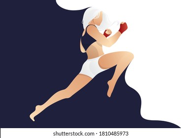 vector de acciones de las mujeres saltan mientras levantan la rodilla. concepto de kickboxing en hermosa pose femenina y práctica. concepto de ilustración vectorial en estilo plano con fondo azul y blanco.