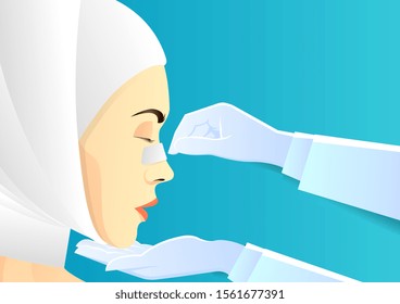 stock vector of women using bandage after plastic surgery. side view women face. describe of plastic surgery, surgical cosmetic procedure. for advertising and medical publications.