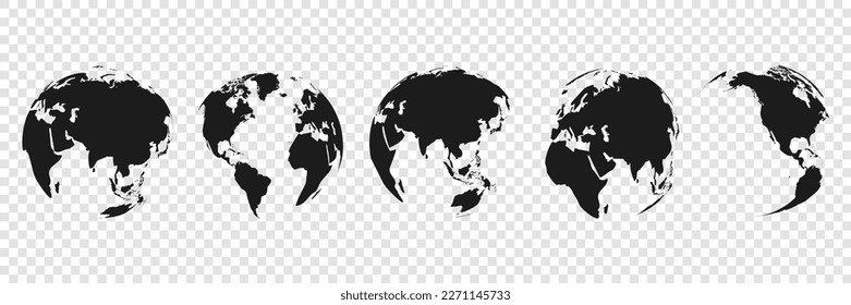 Stock Vector of the world map with transparent background, featuring the continents of Asia, Africa, America, and Europe - perfect for travel concepts. Globe map icon.Earth globe hemispheres icon.