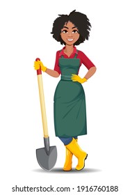 Stock vector young African American gardener woman. Beautiful lady farmer cartoon character holding shovel