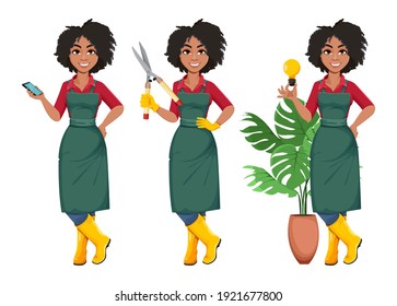 Stock vector young African American gardener woman, set of three poses. Beautiful lady farmer cartoon character in professional uniform