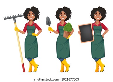 Stock vector young African American gardener woman, set of three poses. Beautiful lady farmer cartoon character