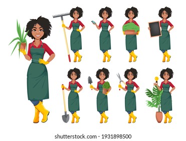 Vector de acciones joven mujer jardinero afroamericana, conjunto de nueve poses. Personaje de caricatura de una mujer granjera hermosa