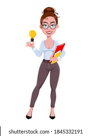 Stock vector. Young beautiful business woman has a good idea. Cute businesswoman cartoon character in flat style. Vector illustration