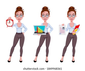 Stock vector. Young beautiful business woman, set of three poses. Cute businesswoman cartoon character in flat style. Vector illustration on white background