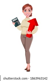Stock vector. Young beautiful business woman holding calculator and red arrow. Pretty businesswoman cartoon character in flat style. Vector illustration