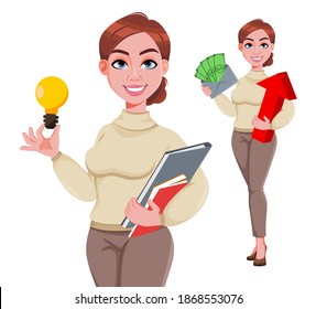 Stock vector. Young beautiful business woman holding money and having a good idea. Pretty businesswoman cartoon character in flat style, set of two poses. Vector illustration