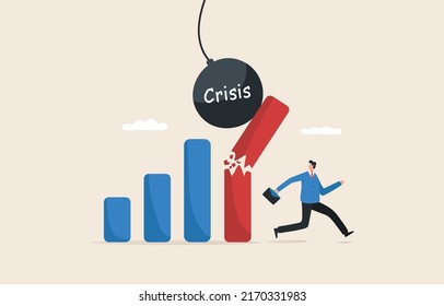 Stock volatility market crash, crisis or depression, investment risk or price. 
Businessman investors escape the broken bar chart.