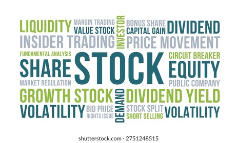 Stock Word Cloud Design for Poster, Wall Art, Investor Education Banner, Classroom Decor. Stock modern finance typography