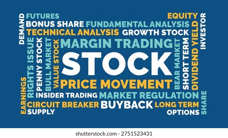 Stock Word Cloud Design for Poster, Wall Art, Investor Education Banner, Social Media Graphic. Stock vibrant finance typography