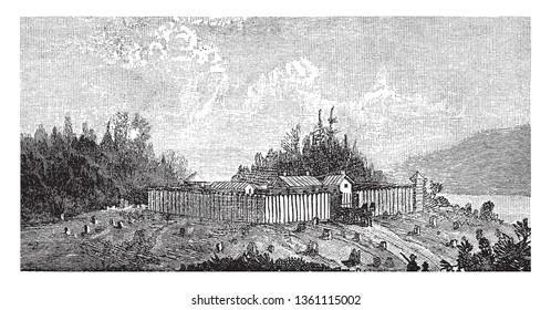 A stockade is an enclosure of palisades and tall walls made of logs to protect,vintage line drawing or engraving illustration.