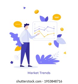 Stockbroker demonstrating and analyzing stock exchange charts. Concept of market trends analysis and research, investment strategy, IPO. Modern flat colorful vector illustration for poster, banner.