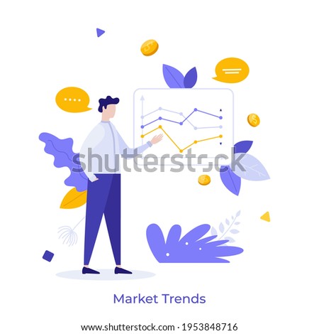 Stockbroker demonstrating and analyzing stock exchange charts. Concept of market trends analysis and research, investment strategy, IPO. Modern flat colorful vector illustration for poster, banner.