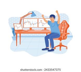 Un corredor de bolsa con cara feliz levanta la mano. Celebrando el éxito de las operaciones bursátiles en la computadora. Concepto de comercio de valores. ilustración moderna de vector plano