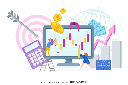 Stockbroker keeps track of the Japanese candlestick chart. Financial market. Traders and stock brokers. Stock quotes and commodity prices. Flat vector illustration.
