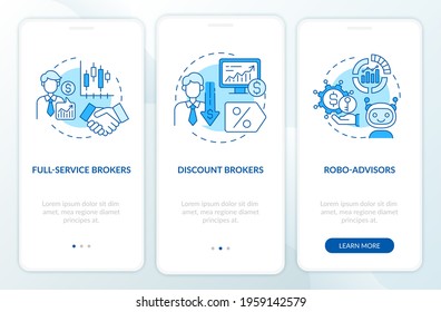 Stockbroker types onboarding mobile app page screen with concepts. Full service, AI advisors walkthrough 3 steps graphic instructions. UI, UX, GUI vector template with linear color illustrations