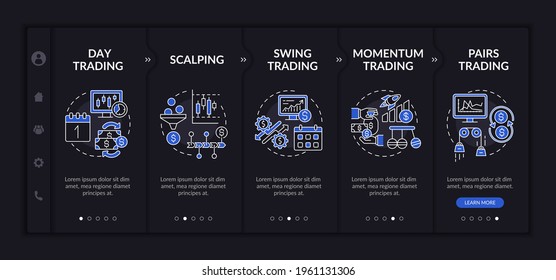 Stockbroking strategies onboarding vector template. Responsive mobile website with icons. Web page walkthrough 5 step screens. Day, swing, scalping trading night mode concept with linear illustrations