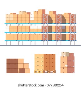 Stocked warehouse shelves and cardboard boxes on pallets. Modern flat style vector illustration isolated on white background.