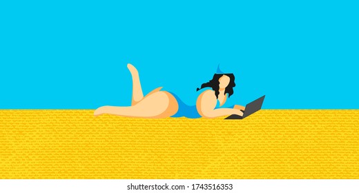 Stocker woman remote work on tropic beach. Plus size pin up women sunbathing with laptop on yellow sand. Vector illustration.