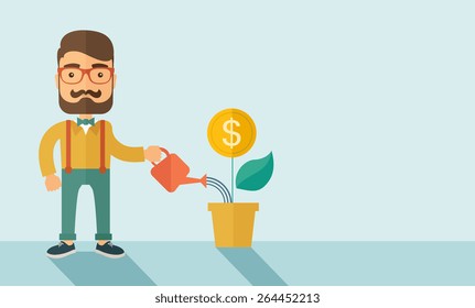 A  Stockholder, investor hipster Caucasian businessman with beard happily watering a plant with a dollar sign on the top of it. Career, investor concept.  A contemporary style with pastel palette soft