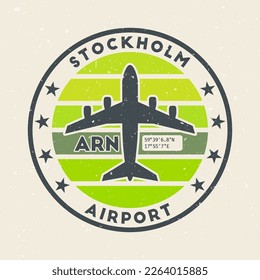 Stockholm airport insignia. Round badge with vintage stripes, airplane shape, airport IATA code and GPS coordinates. Appealing vector illustration.