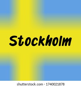 Stockholm brush paint hand drawn lettering on background with flag. Capital city of Sweden design templates for greeting cards, overlays, posters