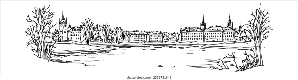 Stockholm city panorama hand drawing doodle hatching vector sketch