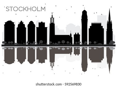Stockholm City skyline black and white silhouette with Reflections. Vector Illustration. Simple flat concept for tourism presentation, banner, placard or web site. Cityscape with landmarks.