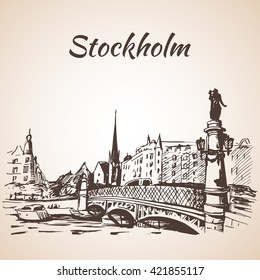 Stockholm city street view with bridge. Sketch