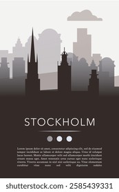 Stockholm city template for website, presentation, front page, invitation, publication sheet with skyline, landmarks. Vector Sweden image layout, simple and grayscale