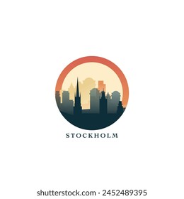 Stockholm cityscape, gradient vector badge, flat skyline logo, icon. Sweden city round emblem idea with landmarks and building silhouettes. Isolated graphic