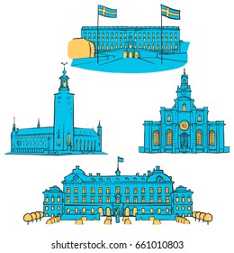 Stockholm Colored Landmarks, Scalable Vector Monuments. Filled with Blue Shape and Yellow Highlights. 
