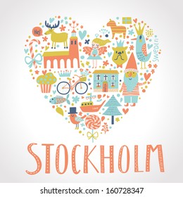 Stockholm concept card in vector. Heart made of swedish elements: church, gnome, bicycle, elk, dog, bird, boat, fish, cupcake and others. Scandinavian design element 