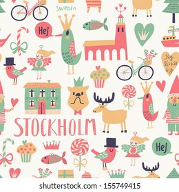 Stockholm concept seamless pattern in vector. House, church, gnome, birds, moose, bicycle, horse and other Stockholm symbols in bright colors. 