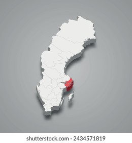 Stockholm county highlighted in red on a grey Sweden 3d map