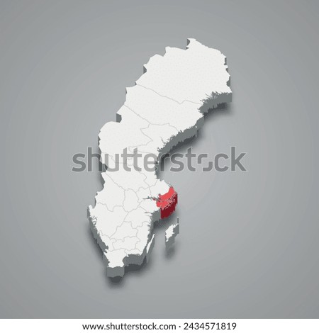 Stockholm county highlighted in red on a grey Sweden 3d map