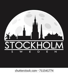 Stockholm Full Moon Night Skyline Silhouette Design City Vector Art Background.