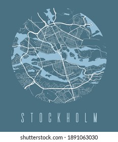 Stockholm Map Poster. Decorative Design Street Map Of Stockholm City. Cityscape Aria Panorama Silhouette Aerial View, Typography Style. Land, River, Highways. Round Circular Vector Illustration.