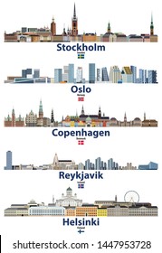 ilustración vectorial de las ciudades de Estocolmo, Oslo, Copenhague, Reykjavik y Helsinki, con banderas de Suecia, Noruega, Dinamarca, Islandia y Finlandia