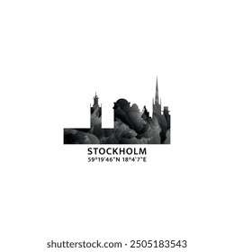 Stockholm panorama, vector badge, skyline logo and icon. Sweden capital city horizon logotype with landmarks and building silhouettes. Isolated foggy abstract gradient graphic